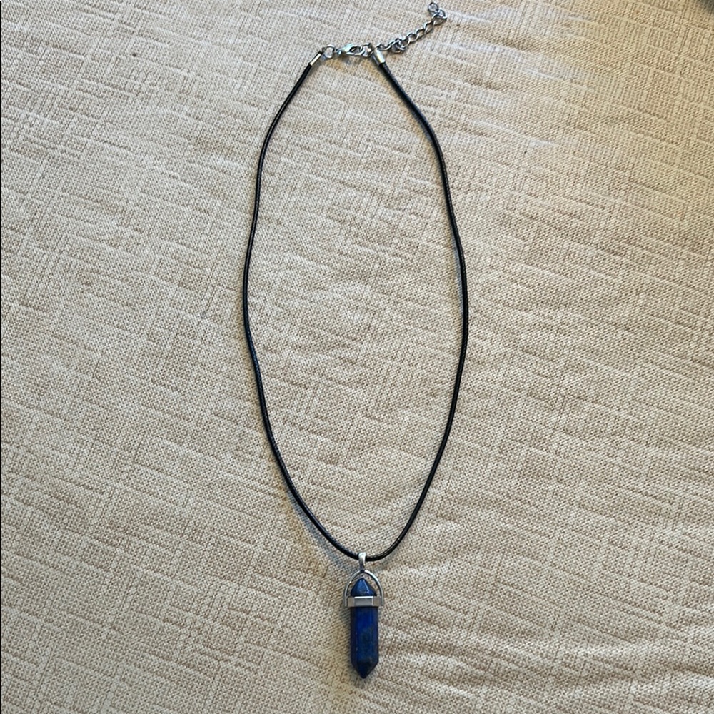 Silvertone wrapped gemstone point pendant on black leather necklace - Picture 1 of 5